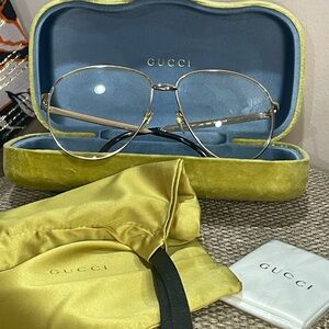 Gucci Gold Wire Eyeglass Frames Full-Rim Aviator, cleaning cloth, case and bag